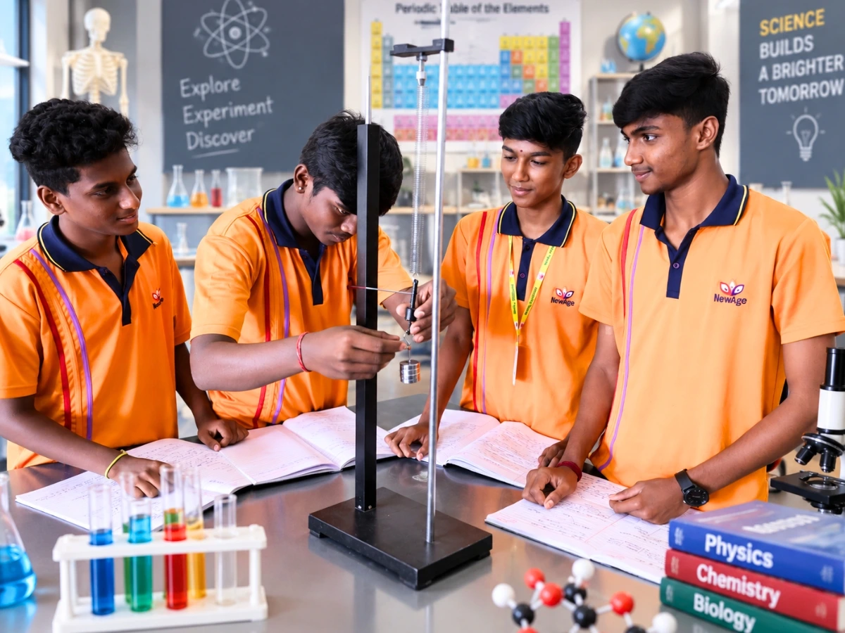 Students studying in a science classroom at NewAge PU College Yelahanka